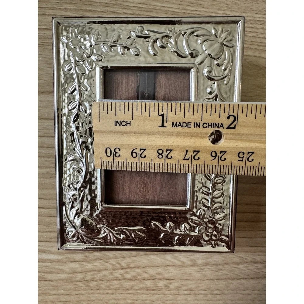 Ornate Floral Silver Tone 1.5x2 Picture Frame Wood Back Easel